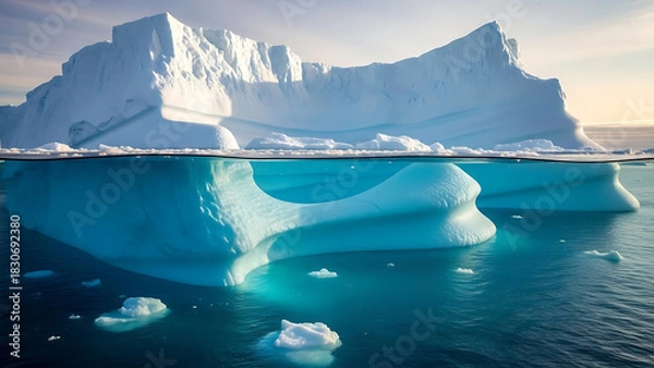 Obraz Stunning underwater view of a massive iceberg with floating ice chunks in the ocean