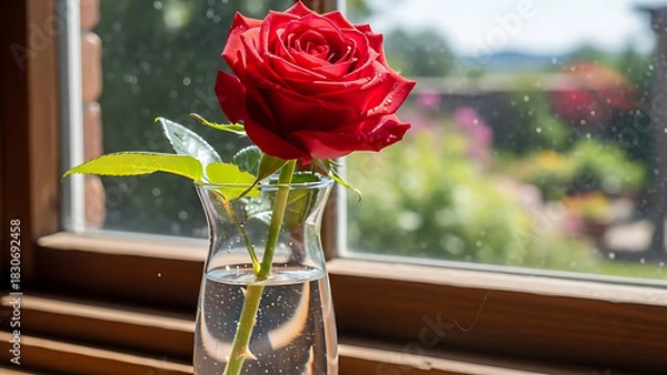 Obraz Vivid Red Rose in a Glass Vase by the Window with a Sunny Garden View