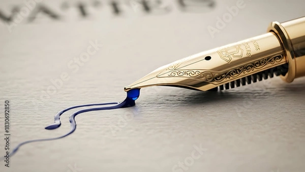 Obraz An ornate gold fountain pen nib glides across paper leaving a trail of wet blue ink