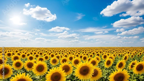 Obraz Radiant Sunflower Field Under a Bright Blue Sky with Fluffy Clouds