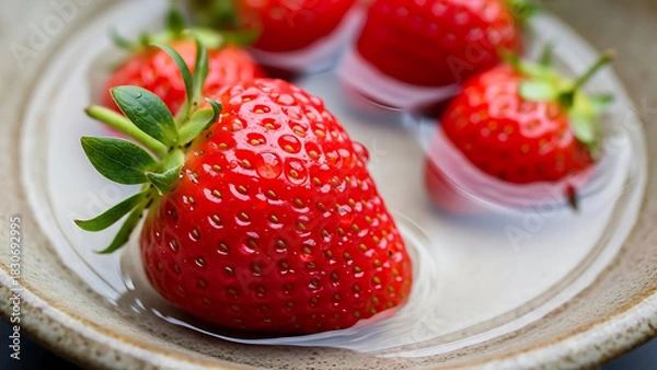 Obraz Close up of vibrant red strawberries being washed in a rustic ceramic water bowl