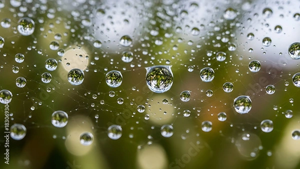 Obraz Abstract nature mesmerizing dew-kissed spiderweb with reflective droplets mirroring foliage