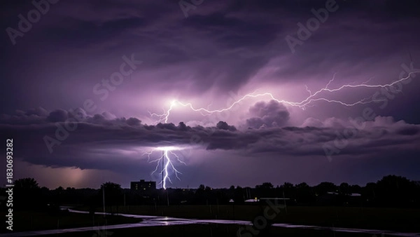 Obraz Intense thunderstorm with vibrant purple lightning striking across a dark, cloudy sky
