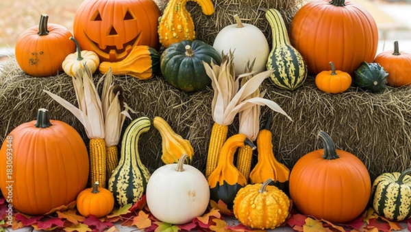 Obraz Colorful fall harvest arrangement of pumpkins, Jack-o'-lantern, and gourds on hay
