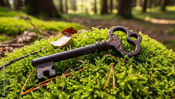 Obraz Antique Rusty Key Resting on Vibrant Green Moss in a Sunlit Forest