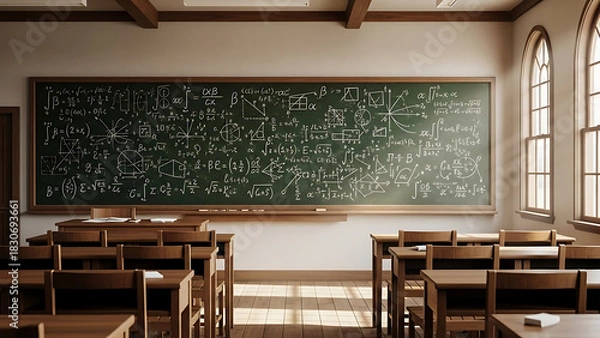 Obraz Ideal traditional classroom, blackboard filled with advanced scientific formulas and equations