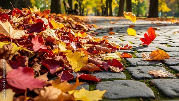 Obraz Colorful autumn leaves falling on a cobblestone park pathway in warm sunlight