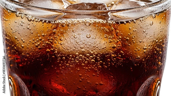 Obraz Close-up of a refreshing beverage in a glass with ice cubes and bubbles - delicious