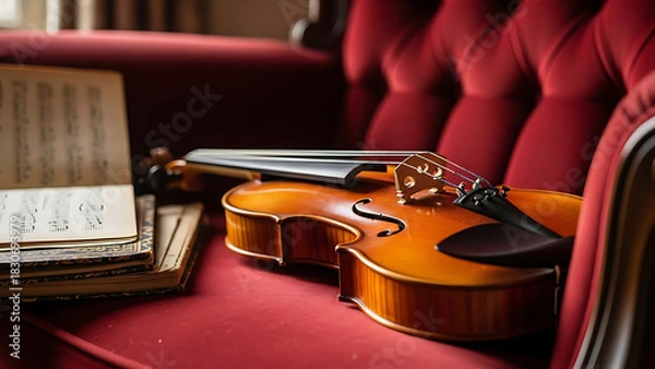 Obraz Violin resting on a red armchair with musical notes, a classic instrument