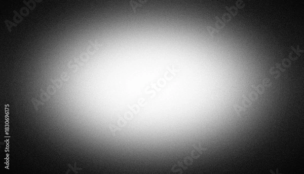 Obraz Black and white radial vignette gradient background. Central light glow. Soft blurred edges. Subtle noise grain texture. Smooth grayscale fade. Minimal monochrome light burst effect. PNG