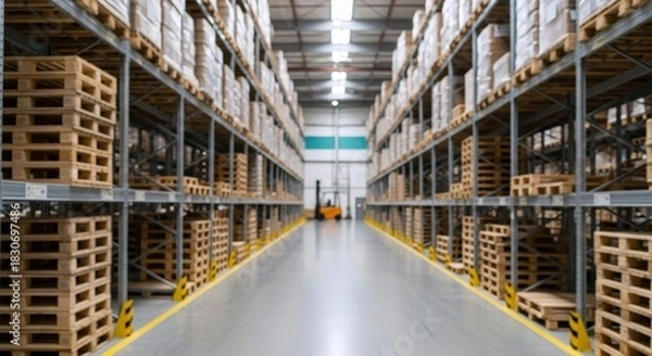 Fototapeta Vast modern warehouse facility showcases organized towering metal shelving filled with stacked wooden pallets and goods, ready for efficient logistics and global commerce