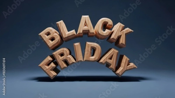 Obraz Black Friday sale event text, rendered dynamically in textured wood, floats against a moody dark blue background for retail promotions and holiday shopping