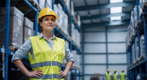 Obraz Competent female worker wearing vibrant yellow safety gear stands confidently within a busy, organized warehouse overseeing modern distribution operations
