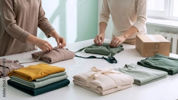 Obraz Dedicated entrepreneurs meticulously prepare fashion orders, tying ribbons on neatly folded clothing stacks of natural fabrics for eco-friendly customer delivery