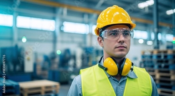 Obraz Focused industrial professional, dressed in bright yellow safety gear and protective eyewear, vigilantly observes operations within a modern manufacturing plant