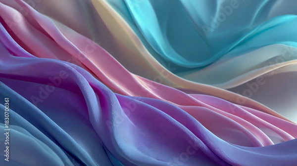Fototapeta Abstract background with pastel colors and wavy shapes, elegant design, soft curves, fluid lines, digital art style, close-up shot, three-dimensional effect, flowing fabric-like textures