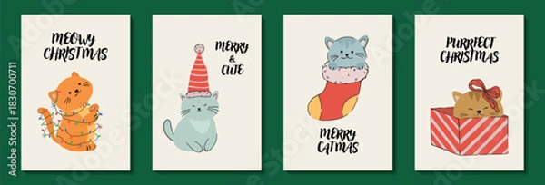 Fototapeta Collection of hand drawn Christmas cards with cute cats with funny quotes. Set of vector templates for a card, poster or banner for Merry Christmas and Happy New Year