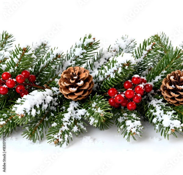 Fototapeta Snowy Pine Branches with Cones and Red Berries on White Background