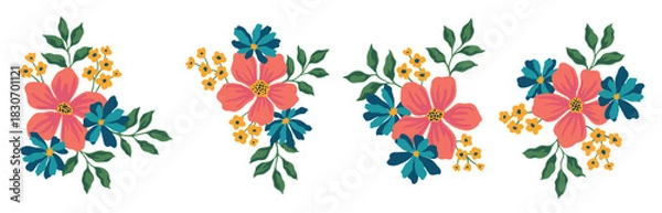 Fototapeta Collection of colorful flower elements vector. Set floral bouquet of wildflower, leaf branch, foliage on white background. Hand drawn blossom illustration for decor, easter, thanksgiving, clipart