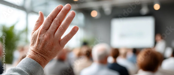 Obraz Audience listening to speaker during conference with raised hand in focus, signaling question or participation