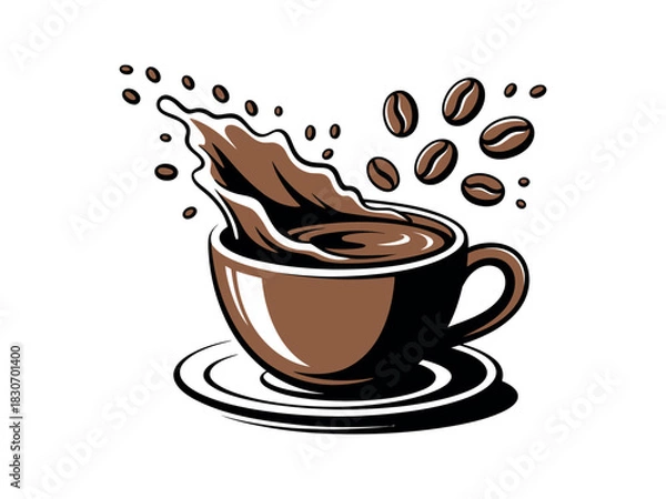 Fototapeta Illustration of a coffee cup with splashing liquid and floating coffee beans