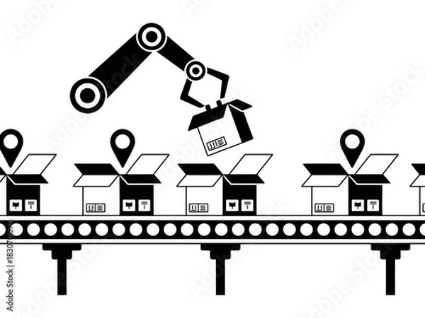 Fototapeta Robotic arm placing a box on a conveyor belt with boxes and location pins