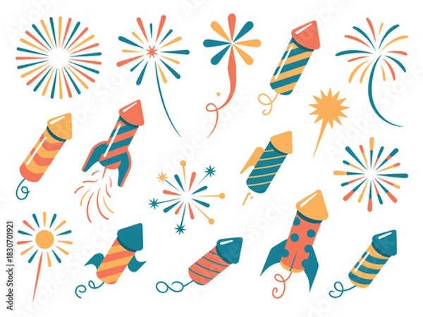 Fototapeta Illustration of various colorful fireworks and rockets on a white background