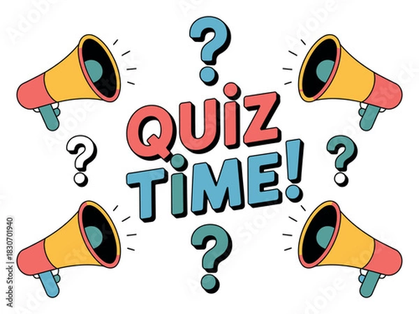 Fototapeta Illustration of quiz time text with megaphones and question marks around it