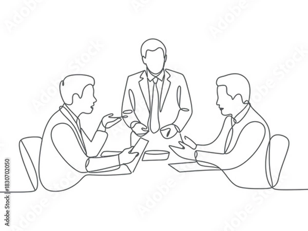 Fototapeta Continuous line drawing of three business people in a meeting discussion