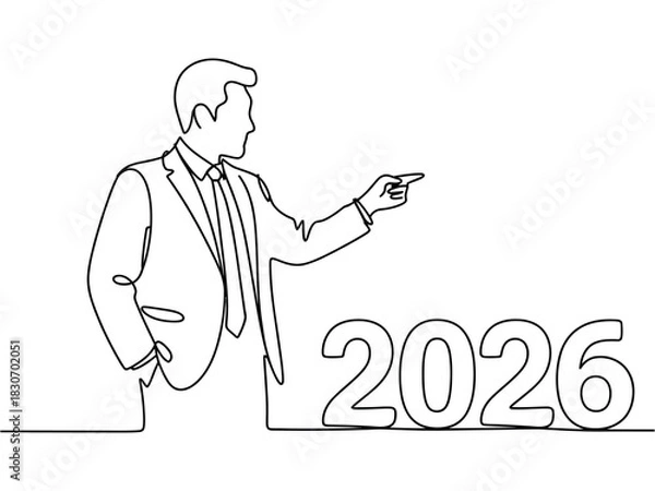 Fototapeta Continuous line drawing of a businessman pointing towards the year twenty twenty six