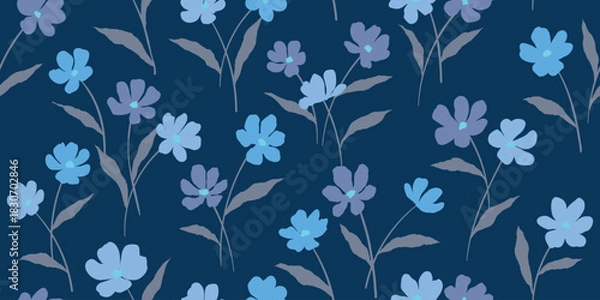 Fototapeta Floral liberty pattern with small colorful flowers field on a blue background. Repeating ditsy doodle flower meadow background. Vector design for paper, cover, fabric, interior decor and other.