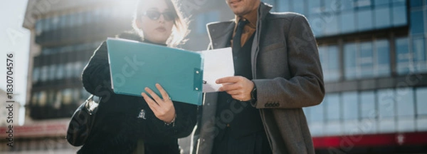 Obraz Two business people examine documents outside a modern city building, sharing insights as they review a clipboard and files, conveying collaboration, progress, and a dynamic urban work environment.