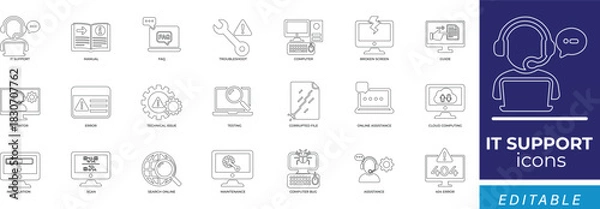 Obraz it support  line icon set featuring tech support, troubleshooting, task, diagnostic, diagnostics, faq, scan, cloud computing, installation, maintenance, error, fixing, and online assistance.