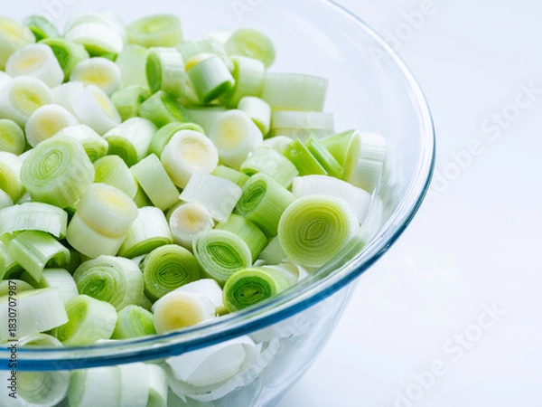 Fototapeta Fresh Sliced Leeks in a Glass Bowl on White Background