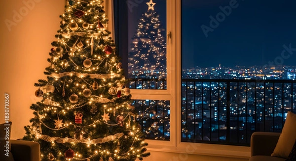 Fototapeta Christmas Tree Decoration with Warm Lights Overlooking the City at Night