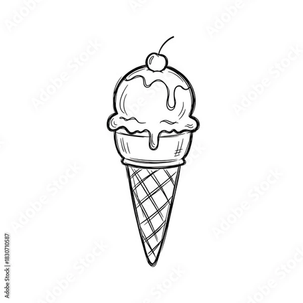 Obraz Hand drawn ice cream cone with drips on black background