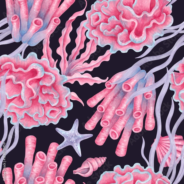 Fototapeta Seamless marine pattern with corals, shells, seaweed, and a starfish. Watercolor illustrations of underwater animals. Hand drawn isolated art. Wild nature for fabric, paper, wallpaper, and textiles