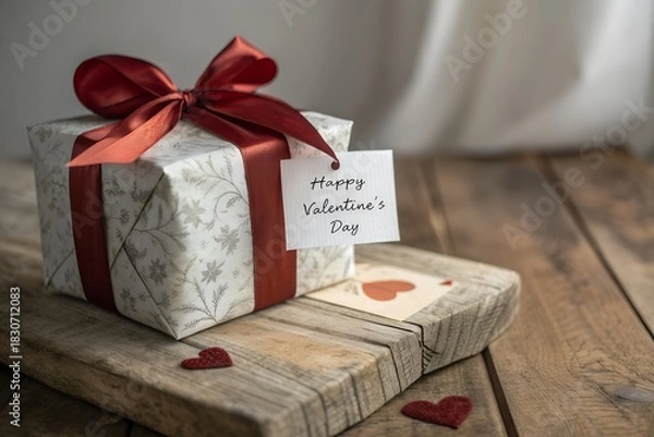 Obraz A beautifully wrapped gift box with a red ribbon and a happy valentine s day tag sits on a rustic wooden surface adorned with small heart decorations evoking romance and celebration