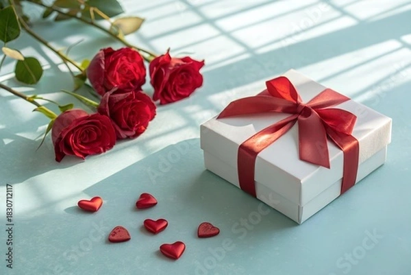 Obraz A romantic still life featuring a white gift box tied with a red ribbon alongside a bouquet of deep red roses and scattered heart shaped candies on a light blue surface with dappled sunlight