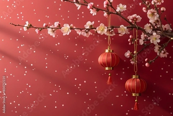 Obraz "Cherry Blossom and Lanterns on Red Festive Background – Lunar New Year Decoration"