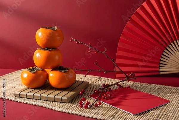 Obraz Vibrant still life arrangement featuring a stack of ripe persimmons on a woven mat with a traditional red fan and a red envelope evoking a festive asian new year atmosphere