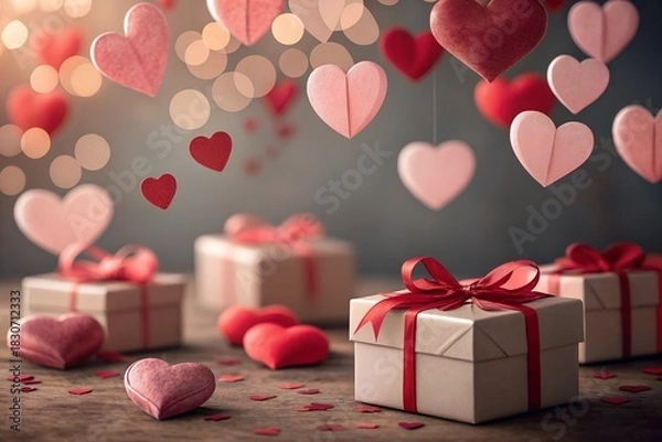 Obraz Romantic valentine s day scene with heart shaped decorations and gift boxes adorned with red ribbons creating a warm and loving atmosphere for celebrations and expressions of affection