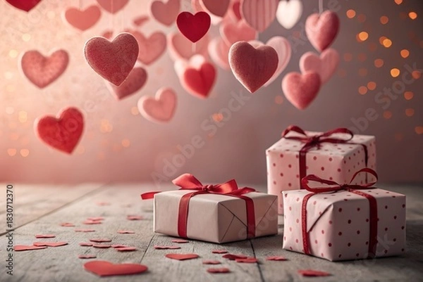 Obraz Festive valentine s day scene with hanging hearts and gift boxes on a wooden surface creating a romantic and celebratory atmosphere for love and relationships