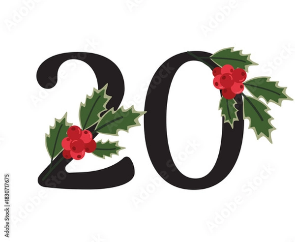 Fototapeta Christmas Number 20 with Holly Berries and Leaves Elegant Vector Illustration for Advent Calendars and Holiday Decor.