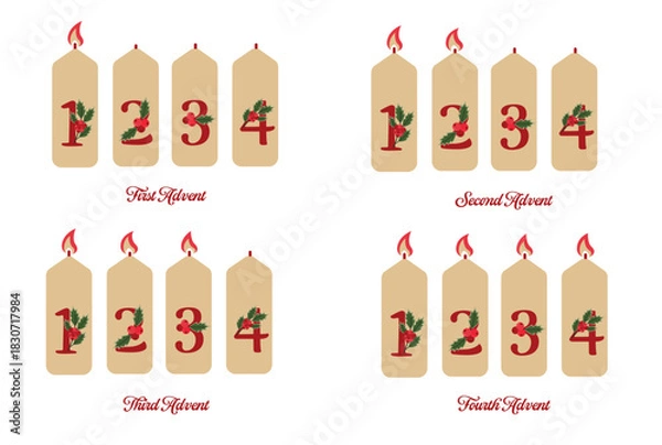 Obraz Advent Candle Set for First to Fourth Sunday with Numbers and Flames Flat Vector Illustration for Christmas Countdown.