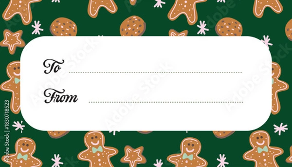 Fototapeta Christmas Gift Tag with Gingerbread Cookies on Dark Green Background Cute Hand Drawn Vector Label with To From Format.