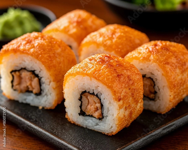 Obraz Japanese sushi on black background with baked crispy crust