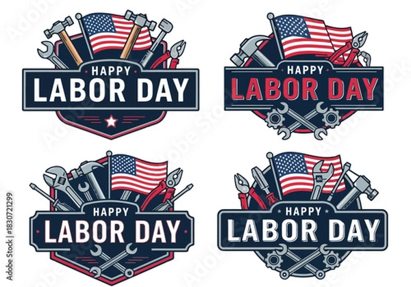 Fototapeta Vector illustration of set of four vintage style emblems or badges celebrating happy labor day with american flag and various construction tool illustration