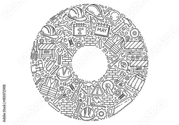 Fototapeta Vector illustration of black and white doodle illustration of various construction and labor tools arranged in a circle frame