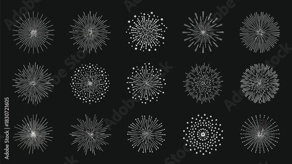 Fototapeta Vector illustration of set of fifteen stylized white fireworks bursts and explosions in various shapes and patterns on a solid, perfect for celebration